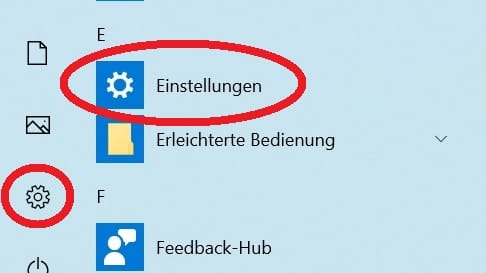 Klicken Sie zuerst auf "Start" oder drücken Sie die Windows-Taste. Dann Öffnen Sie die "Einstellungen", indem Sie auf das Zahnrad links unten oder auf "Einstellungen klicken.