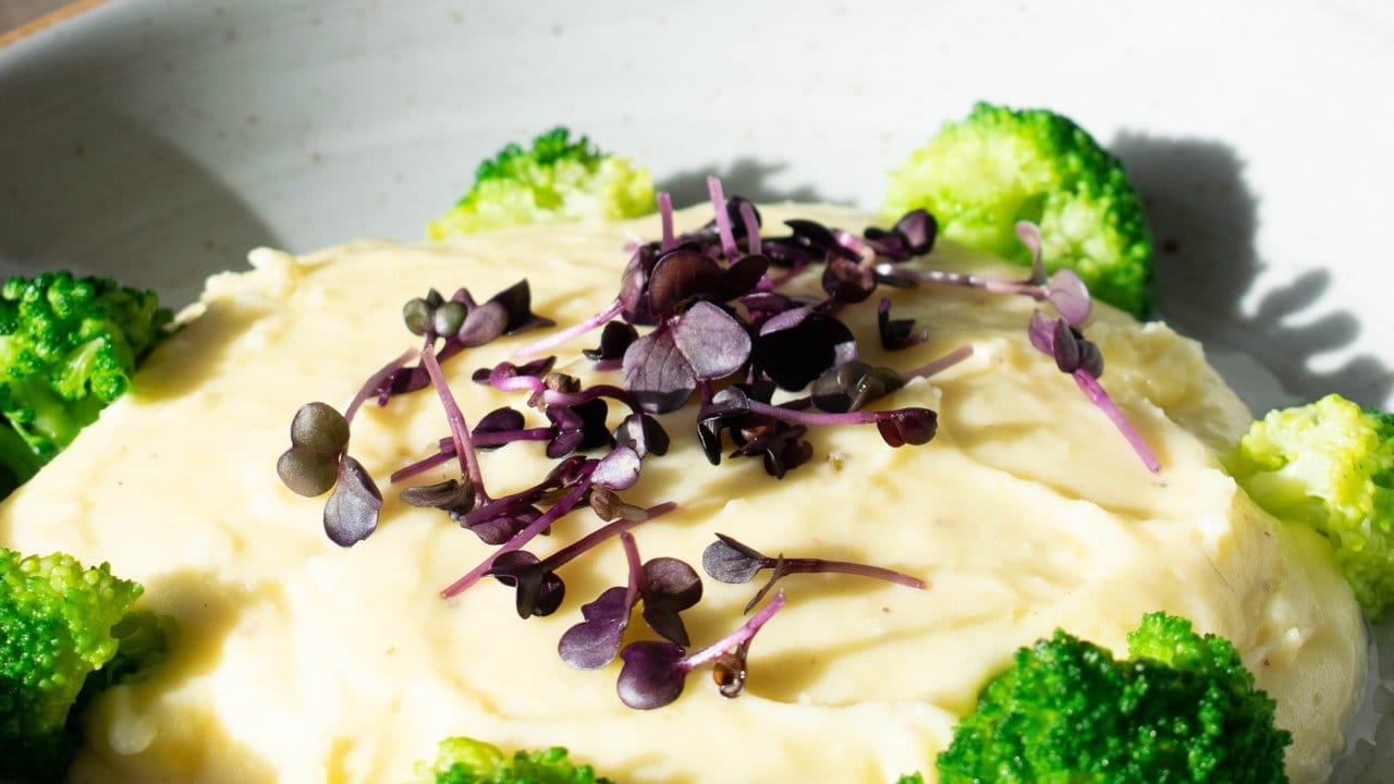 Das französische Kartoffel-Käse-Püree wird wie ein Kuchen dekoriert. Das französische Kartoffel-Käse-Püree wird wie ein Kuchen dekoriert.