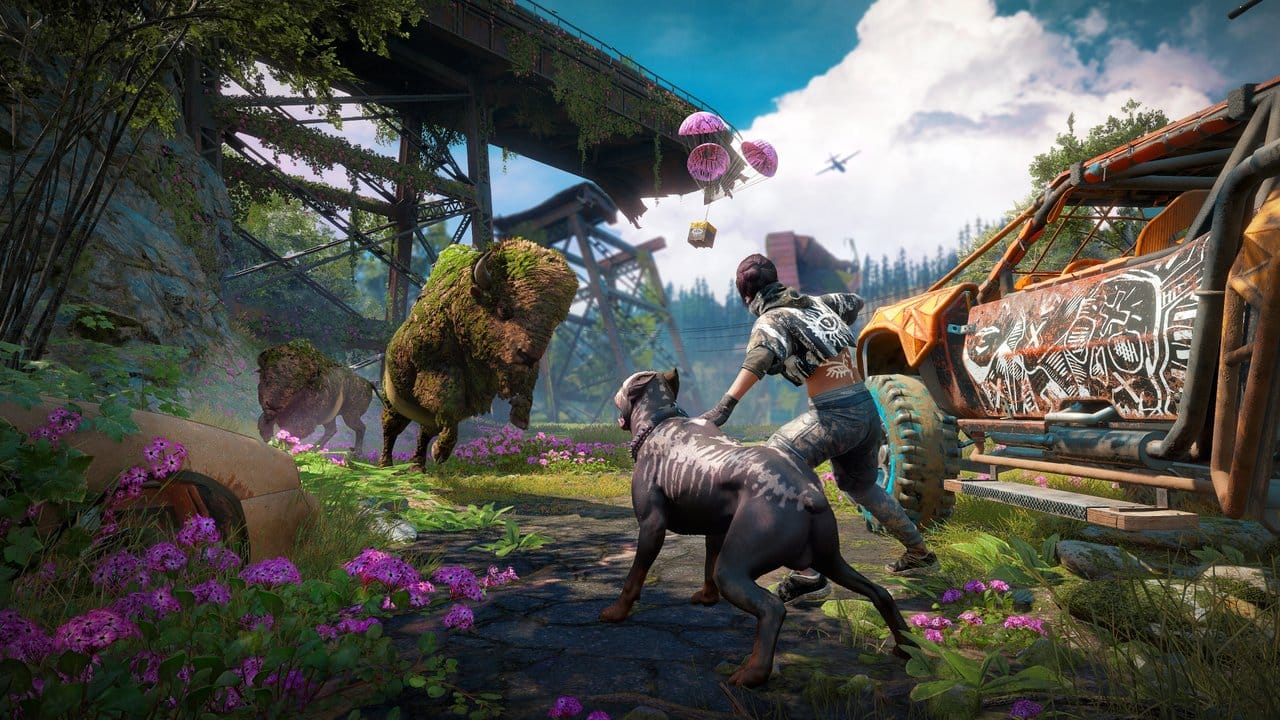 Mit Moos bewachsene Bisons gehören zu den größeren Tieren, mit denen sich Spieler von "Far Cry New Dawn" auseinander setzen müssen. Mit Moos bewachsene Bisons gehören zu den größeren Tieren, mit denen sich Spieler von "Far Cry New Dawn" auseinander setzen müssen.