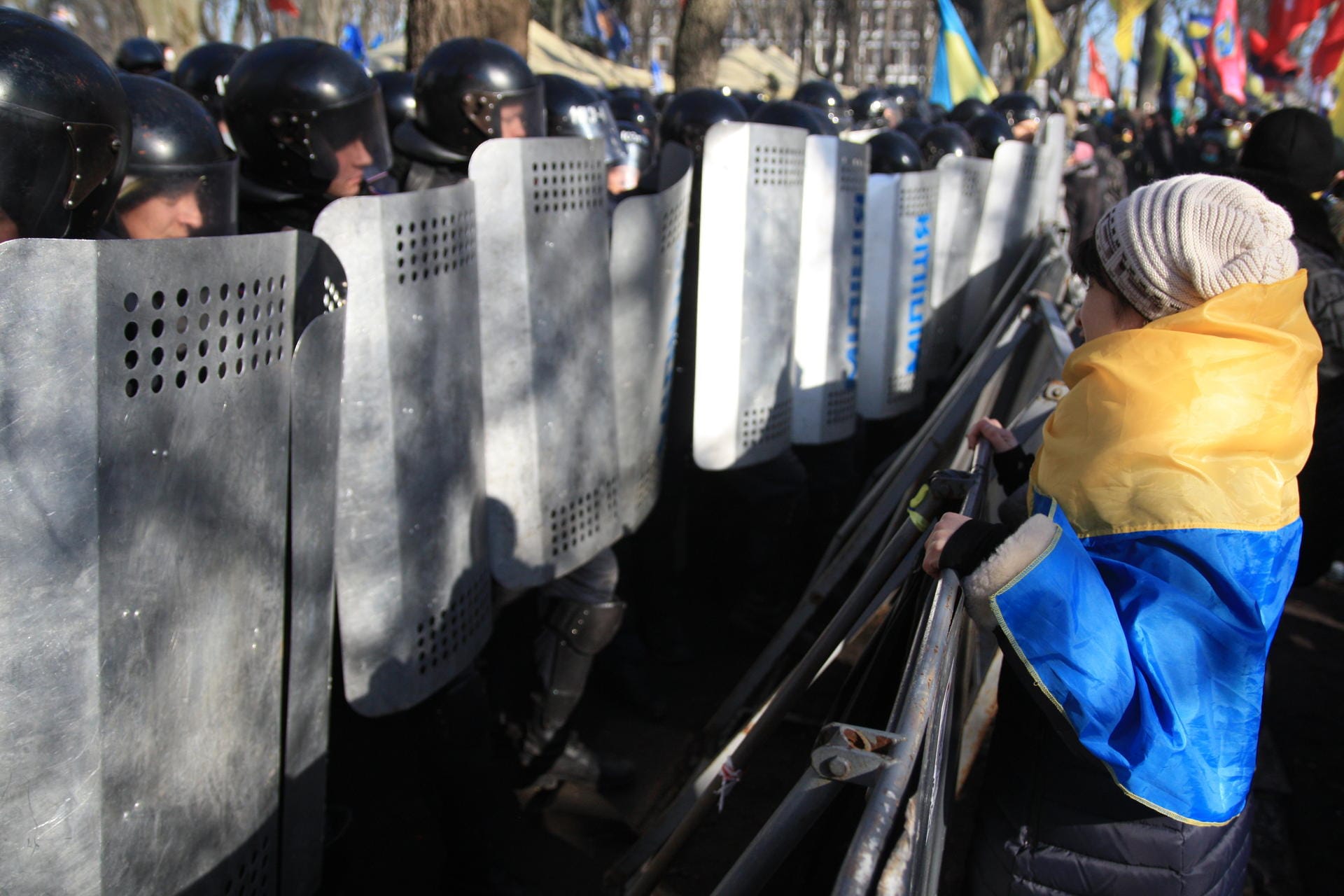 18. Februar 2014: Eine Demonstrantin steht im Mariinski Park in Kiew in eine ukrainische Nationalfahne gehüllt den Polizisten gegenüber.