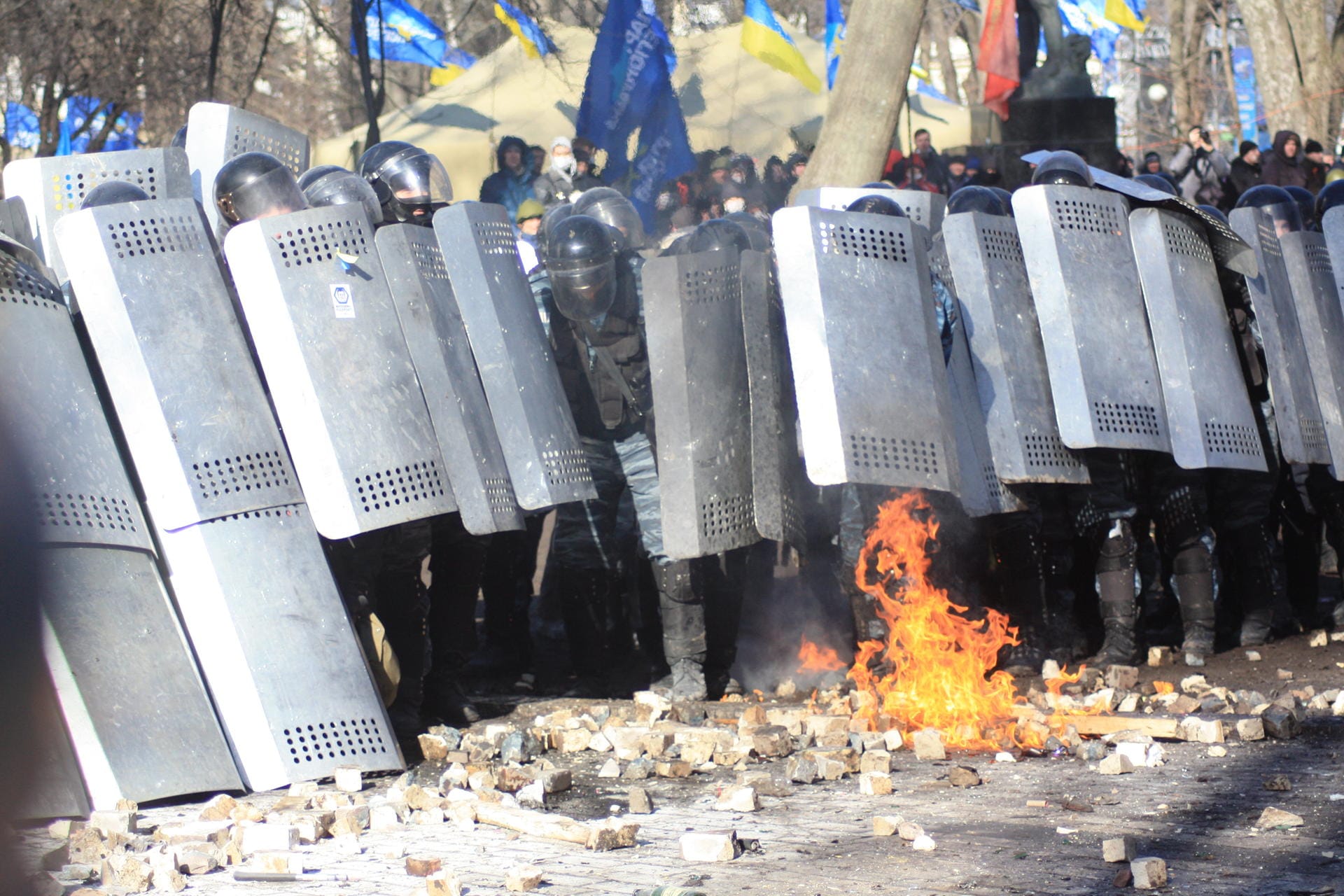 18. Februar 2014: Vor den Polizisten brennt ein Molotowcocktail. An dem Tag sterben rund 28 Menschen, Hunderte werden auf beiden Seiten verletzt.