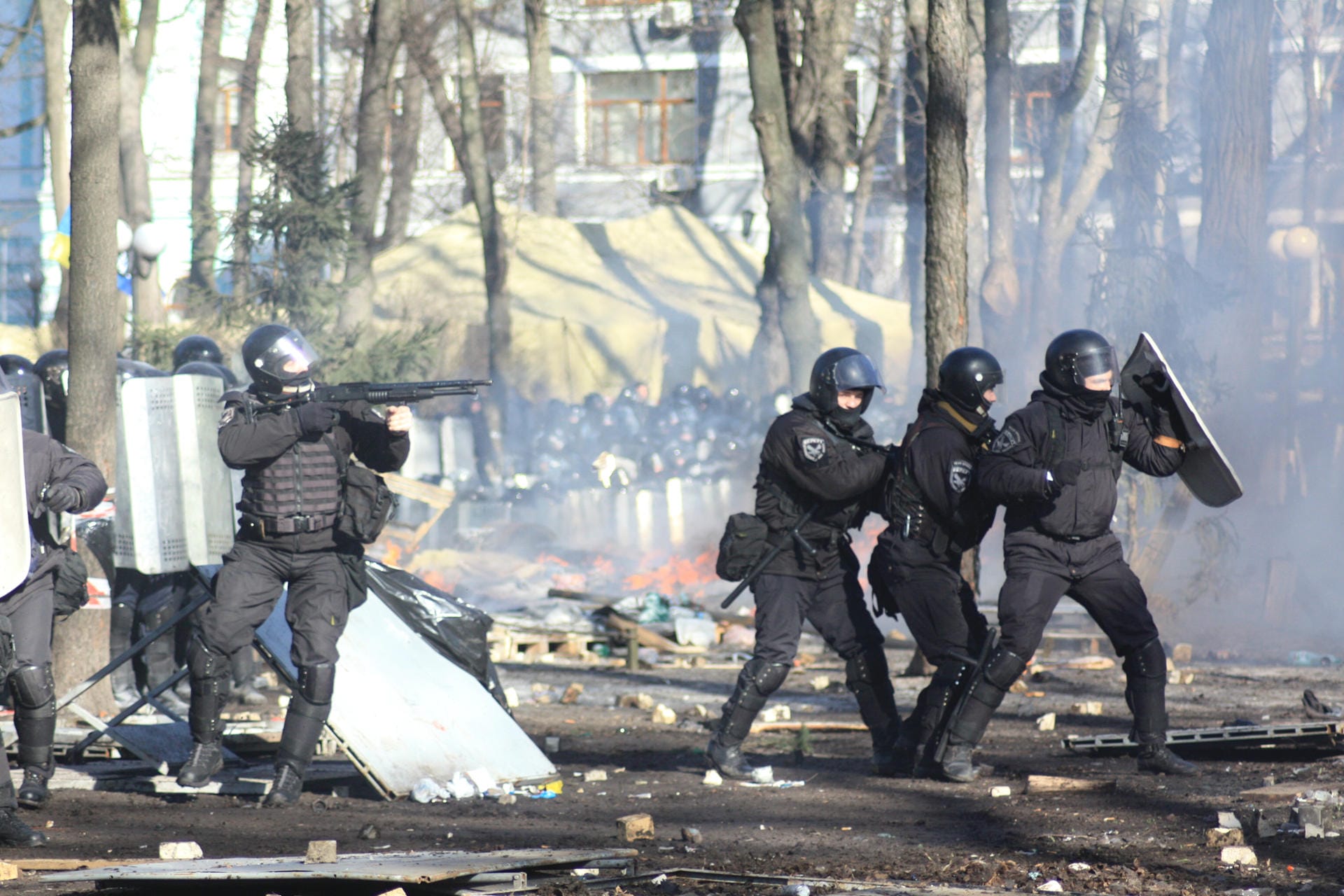 18. Februar 2014: Plötzlich eskalierte die Lage. Polizisten schießen Gummimunition sowie Blend- und Schockgranaten auf die Demonstranten. Diese antworteten mit Steinen und Molotowcocktails.