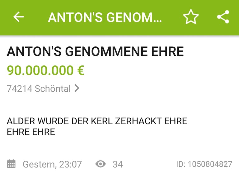 Ausgefallene Kleinanzeige: Wenn Anton seine Ehre verkauft, kann er sich ein schickes Auto leisten.