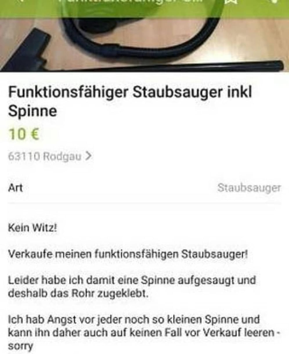 Staubsauger mit Spinne: Das Rohr hat die Verkäuferin zugeklebt, damit die Spinne sich nicht mehr befreien kann.