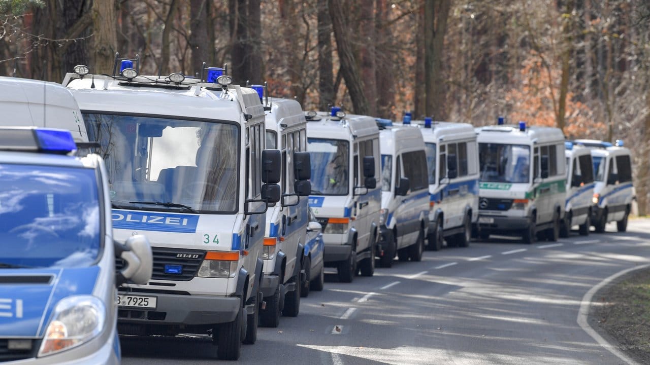 Großeinsatz im Fall Rebecca: Einsatzfahrzeuge der Polizei an einem Waldstück bei Kummersdorf.