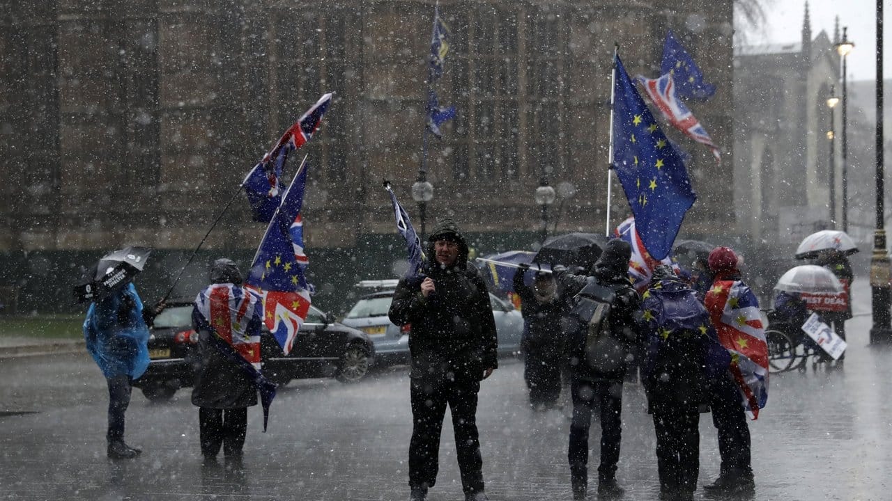 Im Regen stehen gelassen: Anti-Brexit Demonstranten versammeln sich mit Fahnen vor dem Parlament in Westminster.