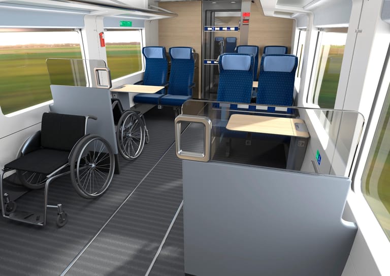 Plätze für Rollstuhlfahrer: Die Tische in diesem Bereich des Zuges sind mit höhenverstellbaren Tischen ausgestattet.