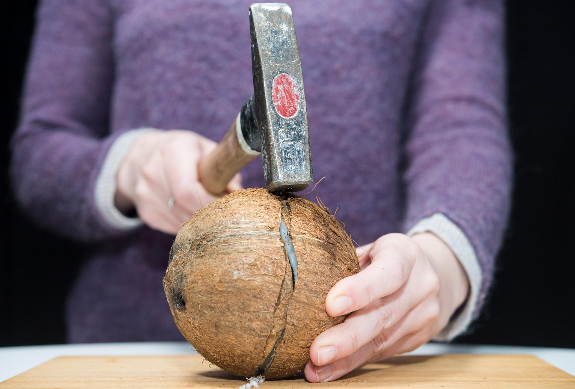 Kokosnuss: Schritt 4 – Nach mehreren Schlägen entsteht ein Riss in der Kokosnussschale.