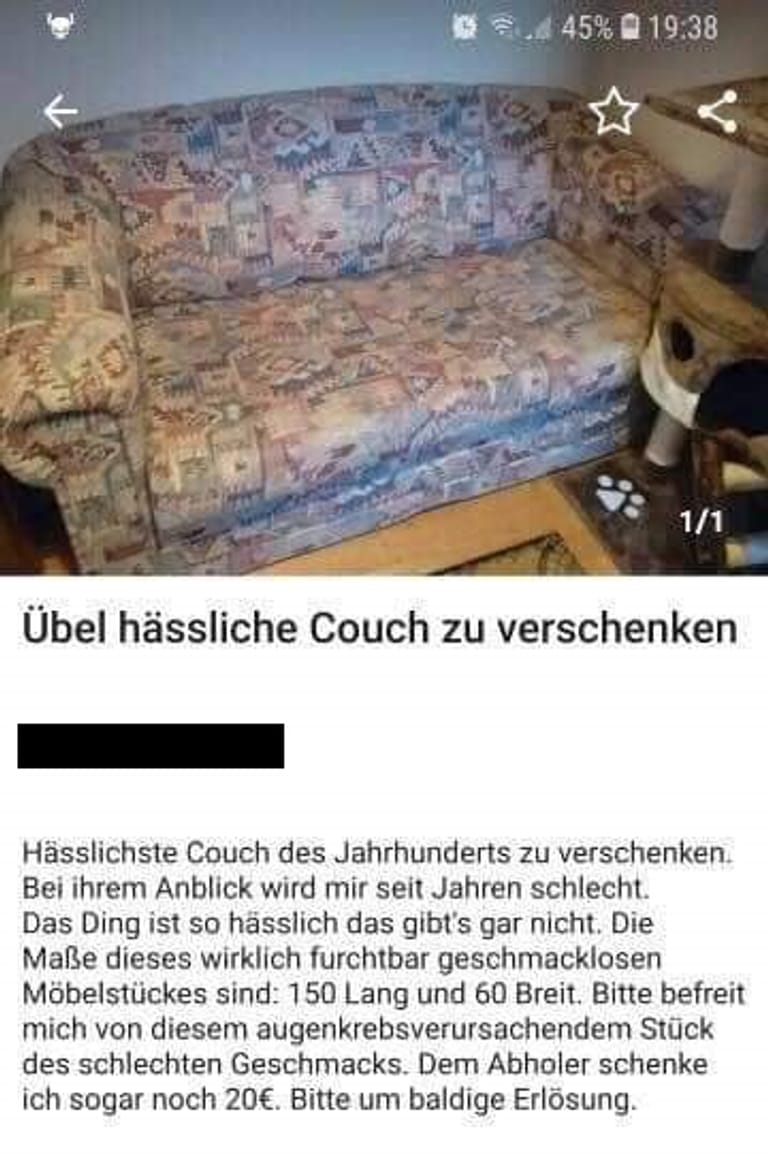 Dieser Verkäufer bittet um "baldige Erlösung" von der hässlichsten Couch der Welt.