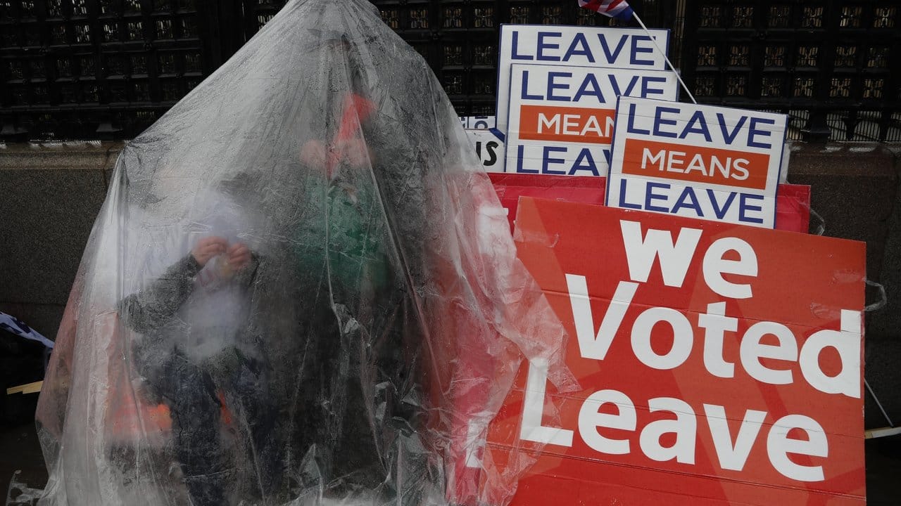 Ein gut gegen den Regen geschützter Pro-Brexit-Demonstrant vor dem Parlament in London.