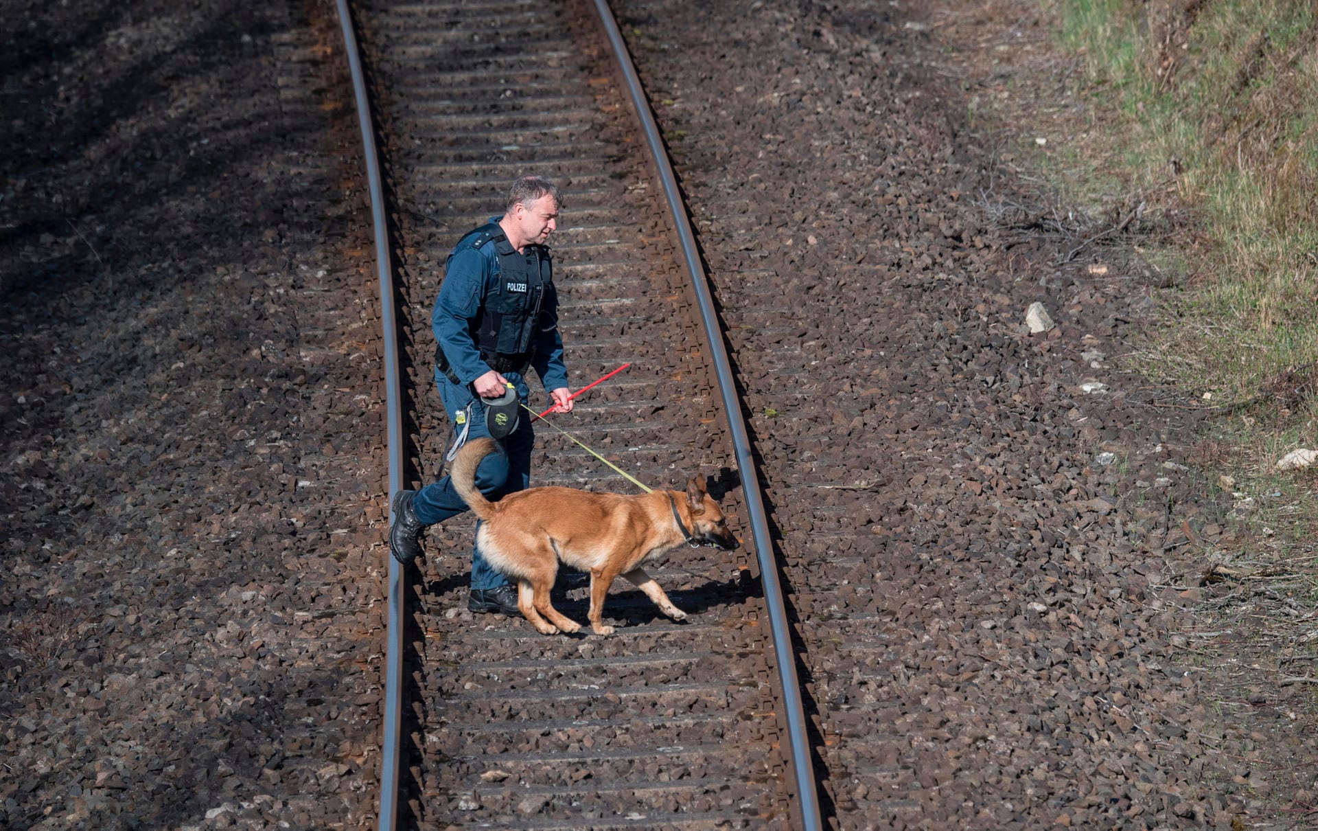 Ein Hundeführer mit seinem Sprengstoffhund läuft über die Gleise: Der Ortstermin fand unter massiven Sicherheitsvorkehrungen statt.