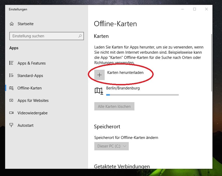 Windows 10 bietet die Option, Karten herunterzuladen, um sie auch offline nutzen zu können. Auf diese Weise müssen Sie unterwegs nicht ihr Datenvolumen dafür aufbrauchen. So laden Sie Karten herunter: Drücken Sie die "Windows-Taste", um das Startmenü zu öffnen. Tippen Sie jetzt "Offlinekarten". Es öffnete sich automatisch die Windows-Suche. Wählen Sie "Offlinekarten". Klicken Sie auf "Karten herunterladen" und befolgen Sie die Anweisungen auf dem Bildschirm.