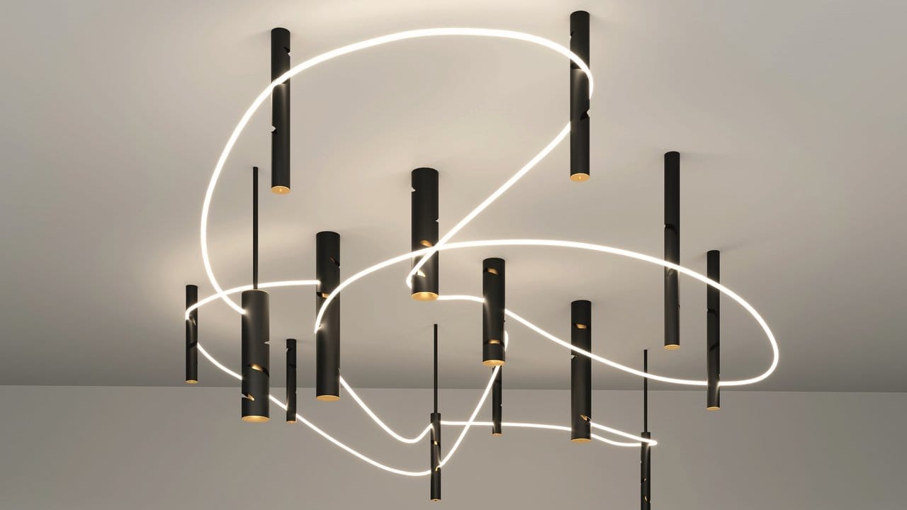 Die zylindrischen Leuchten von Interweave von Pallavi Dean für Artemide: Alles in einem - Leuchte, Halterung für einen LED-Schlauch, Musikbox sowie Temperatur- und Luftfeuchtefühler.