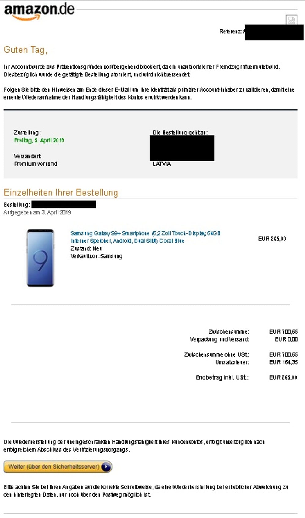 Betrugs-Mails in Namen von Amazon berichten von einem "unauthorisierter Fremdzugriff". Aus diesem Grund sei das Konto des Nutzers gesperrt worden. Der Grund sei eine angebliche Bestellung durch das Konto des Nutzers. Wer sein Konto wieder entsperren will, soll einem Link in der Mail folgen und seine Anmeldedaten auf einer falschen Amazon-Seite eintippen.
