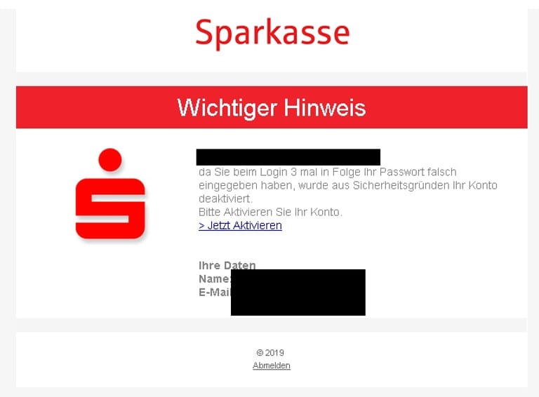 In beiden Fällen sollen Nutzer einen Link in der Nachricht anklicken, der auf eine gefälschte Sparkassen-Seite führt. Hier sollen Kunden ihre Log-in-Daten eingeben. Wer das tut, gibt seine Daten an Kriminelle.
