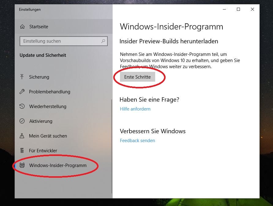 Wählen Sie hier "Windows-Insider-Programm" und klicken Sie auf "Erste Schritte".