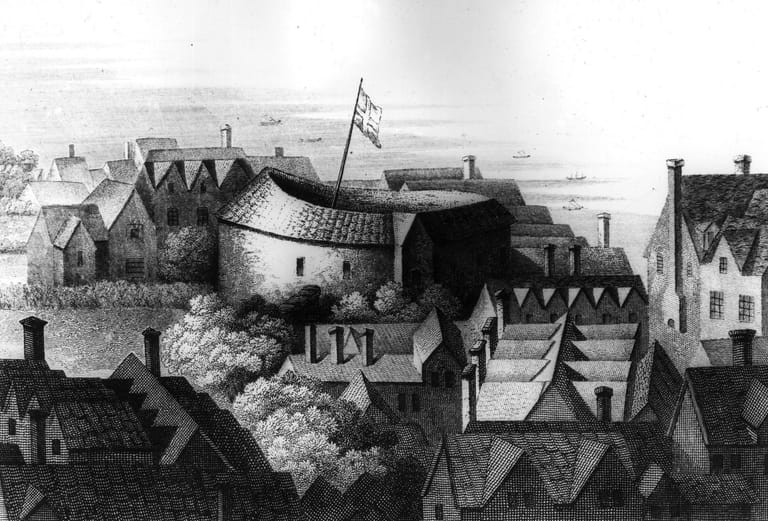 Eine Darstellung des Globe Theatre von William Shakespeare in London an der Themse. Das Theater brannte ab, wurde dann neu aufgebaut, später aber zerstört. Heute...