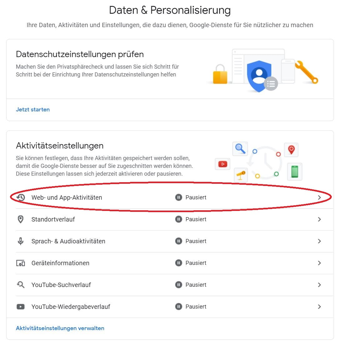 Alternativ wählen Sie im Startfenster auf der linken Seite "Daten & Personalisierung". Hier können Sie verschiedene Aktivitätseinstellungen einstellen. Beispielsweise Web- und App-Aktivitäten.