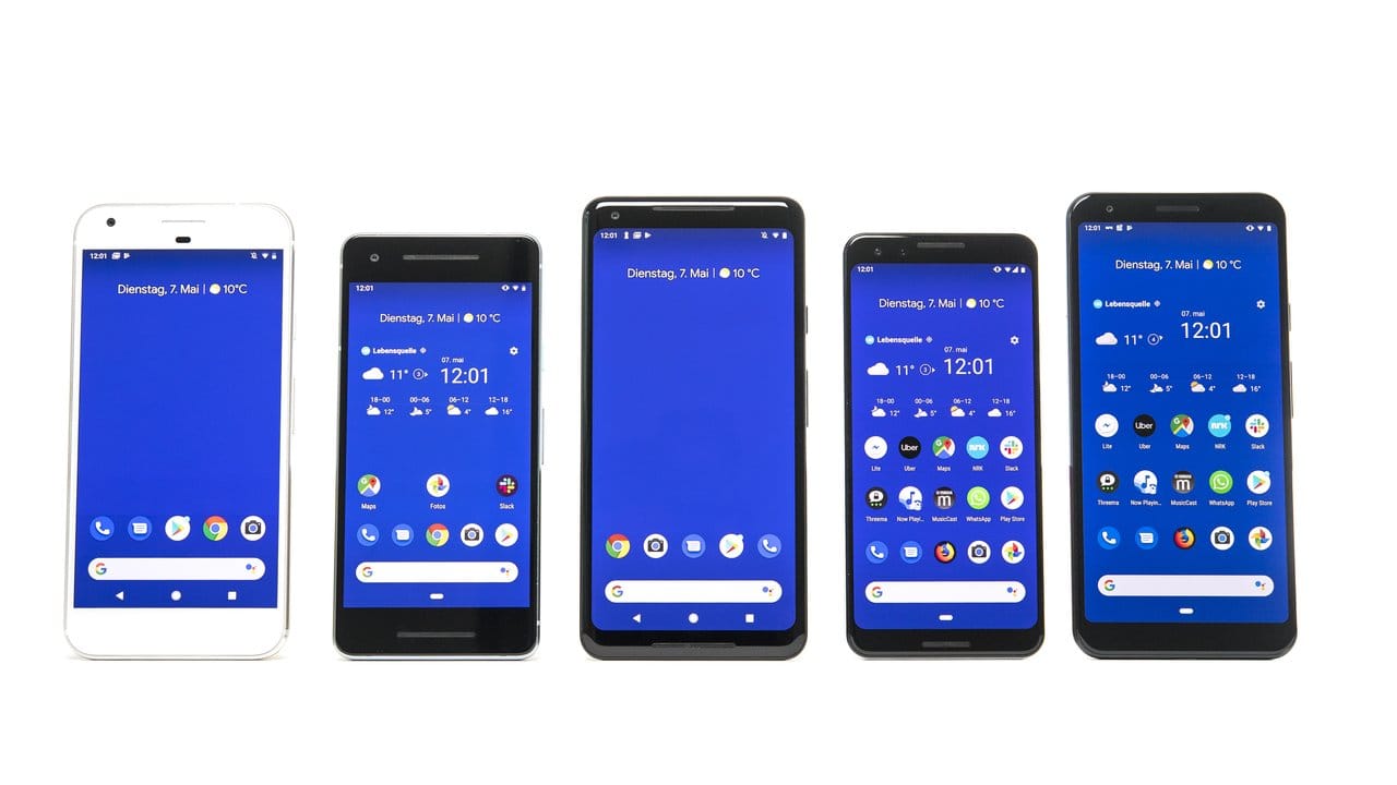 Mittlerweile eine ganze Familie: Googles Pixel (von links nach rechts), Pixel 2, 2 XL, Pixel 3 und Pixel 3a XL.
