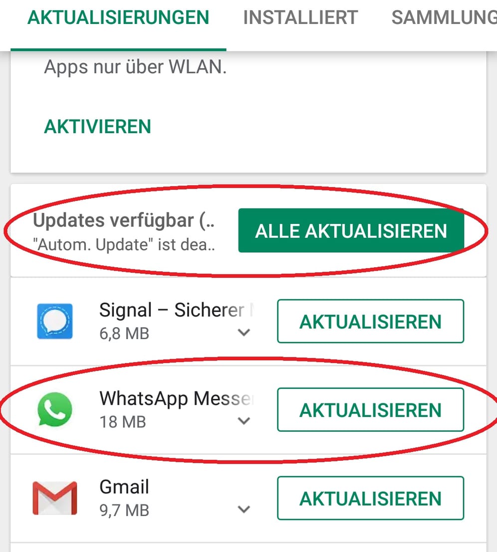 Hier können Sie entweder alle Ihre Apps aktualisieren oder nur ein bestimmtes Programm, beispielsweise WhatsApp. Achten Sie vor dem Update darauf, dass Sie im WLAN sind, da ansonsten ihr Datenvolumen beansprucht wird.