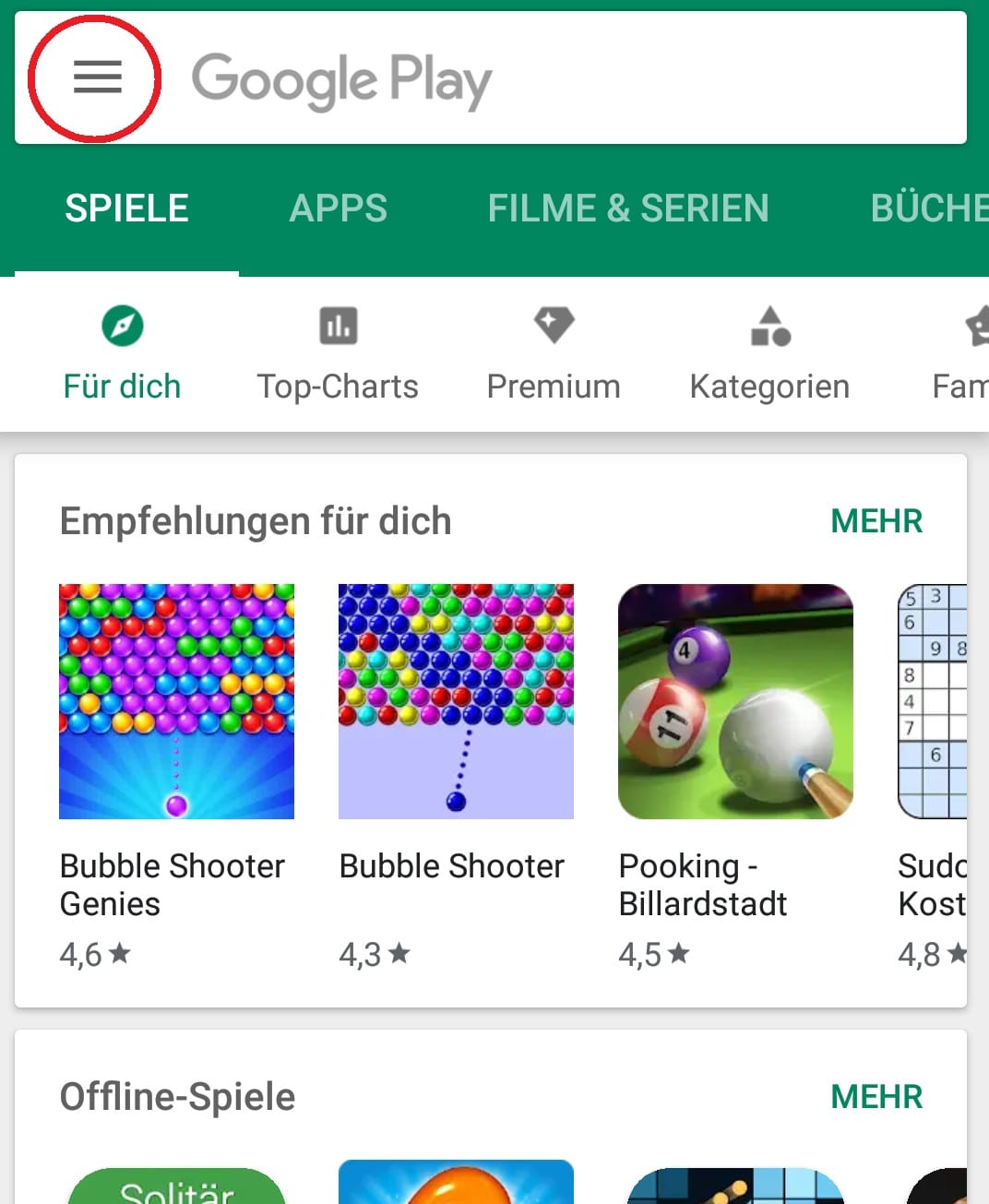 Klicken Sie im Play Store oben links auf die drei Striche.