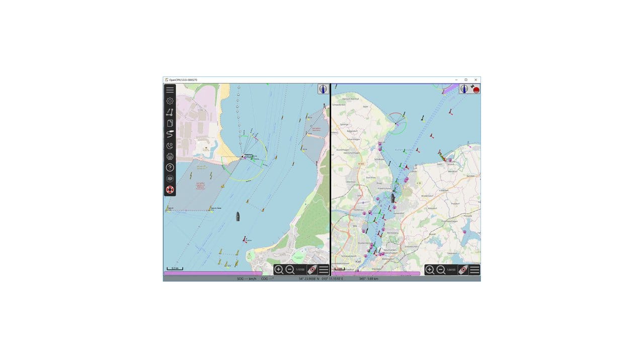 OpenCPN im Split Screen: Zwei Ansichten mit unterschiedlichem Maßstab helfen Wassersportlern in engen und vielbefahrenen Passagen, den Überblick zu behalten - wie hier bei der Ausfahrt aus der Kieler Förde in die Ostsee auf Höhe von Laboe.