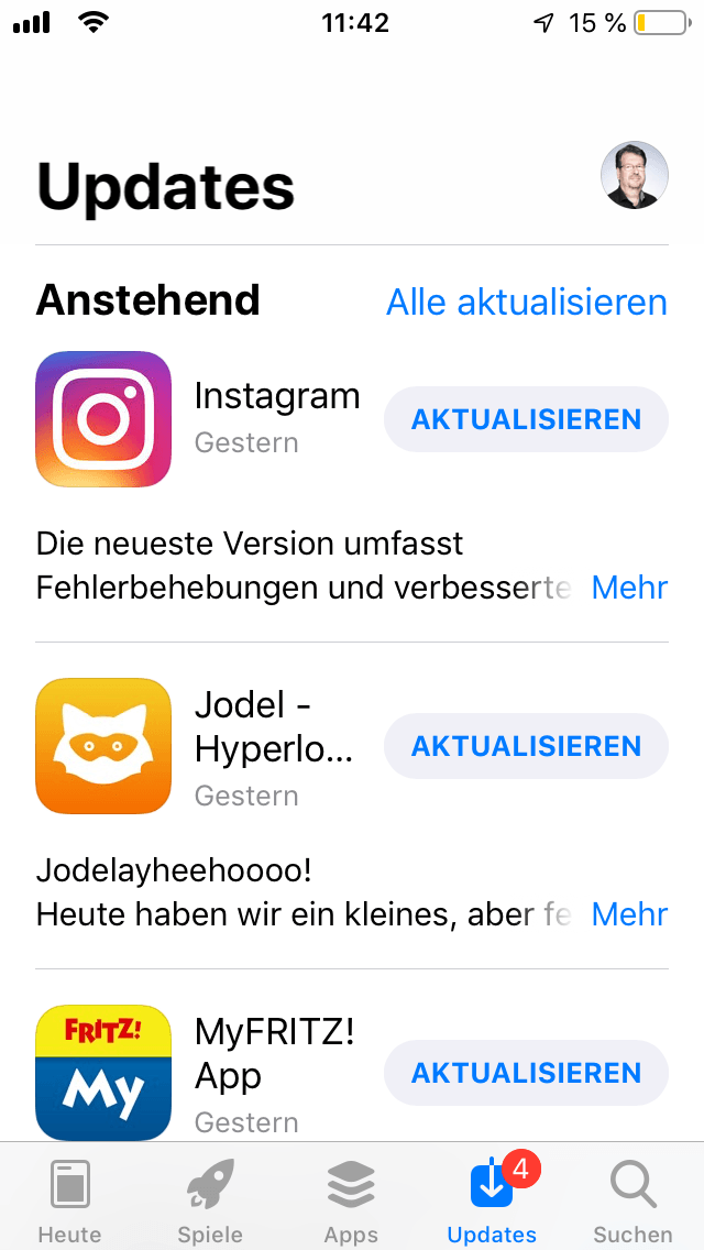 Jetzt können Sie einzelne Apps auswählen oder alle Apps aktualisieren, die in der Liste stehen. Dazu sollten Sie sich unbedingt in einem WLAN befinden.