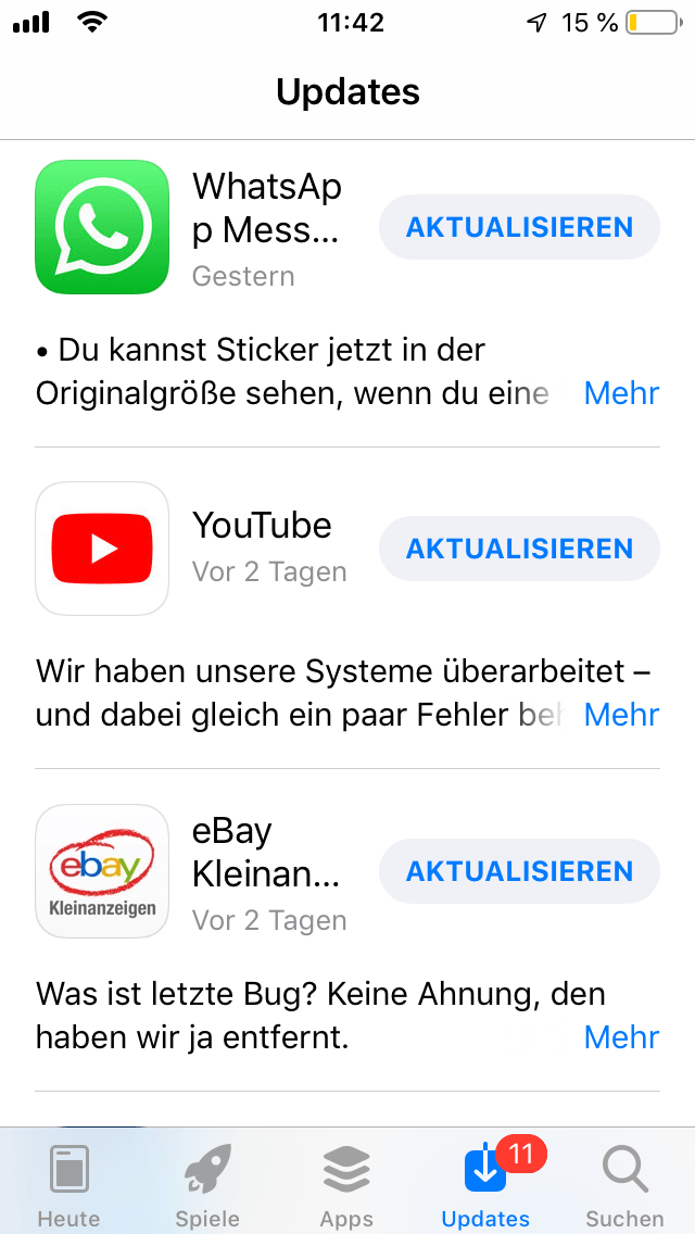 Es wird eine Liste mit Apps angezeigt, für die es Updates gibt. Ziehen Sie auf dem Bildschirm mit dem Finger nach unten und lassen Sie los, um diese zu aktualisieren.