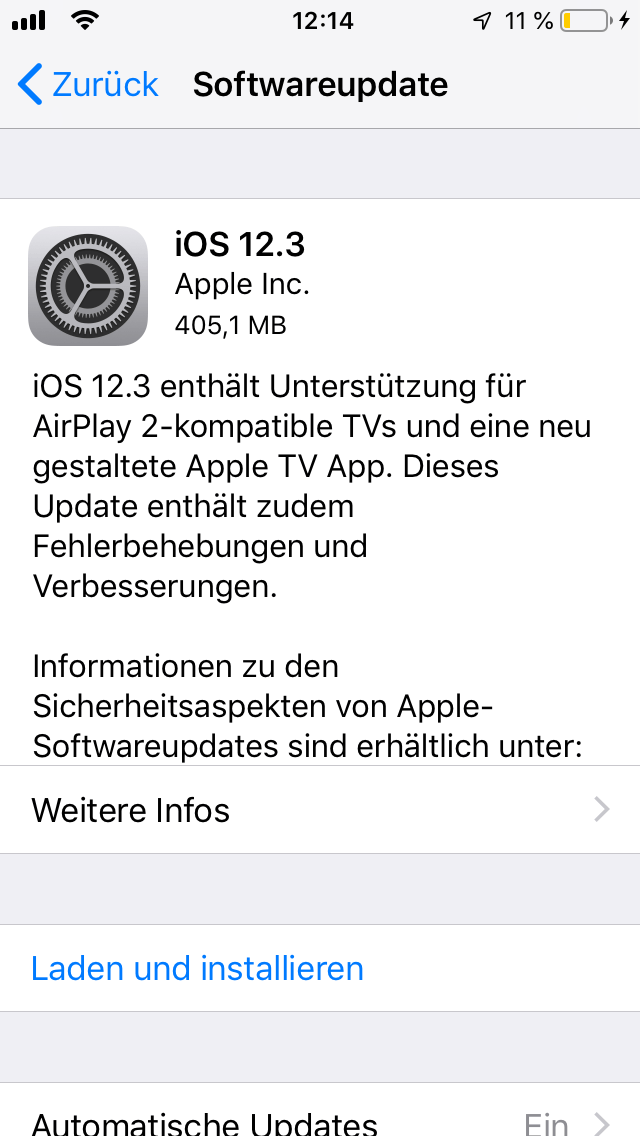 Erscheint diese Anzeige, ist ein Update vorhanden. Sie können es mit "Laden und installieren" anstoßen. Dazu sollte der Akku noch genügend Ladung haben und das iPhone mit dem WLAN verbunden sein. Der Vorgang kann einige Zeit dauern.