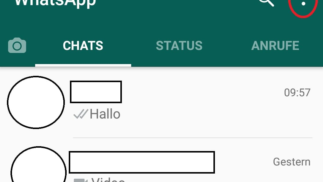 Öffnen Sie WhatsApp und klicken Sie auf die drei Punkte oben rechts.