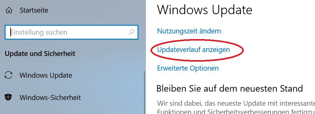 Im Reiter "Windows-Update" finden Sie auf der rechten Seite die Option "Updateverlauf anzeigen". Klicken Sie drauf.