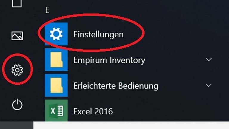 Öffnen Sie zuerst die Einstellungen von Windows 10. Drücken Sie dafür die "Windows-Taste" und klicken Sie auf das Zahnradsymbol oder auf "Einstellungen" im Start-Menü.