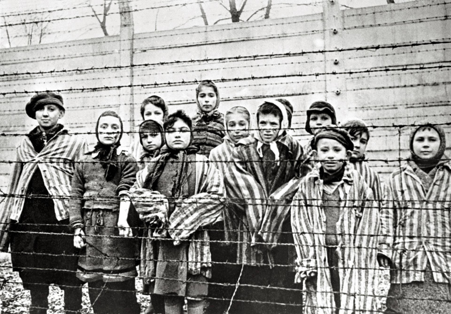 Überlebende jüdische Kinder in Auschwitz Mit Krankenschwester hinter Stacheldrahtzaun Das Foto wurd