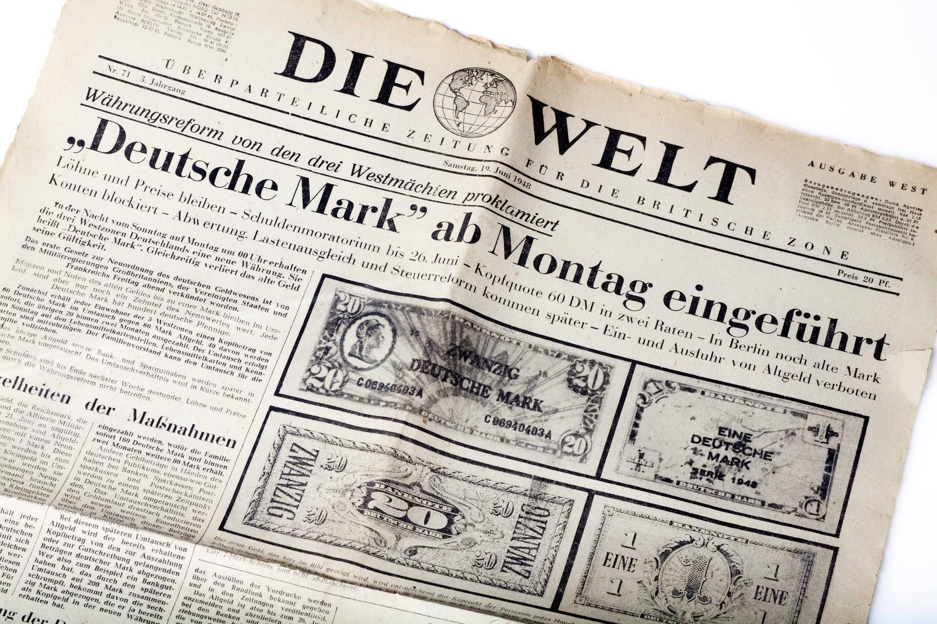 Deutsche Mark ab Montag eingeführt Titelseite der Zeitung Die Welt vom 19 Juni 1948 zur Währungs