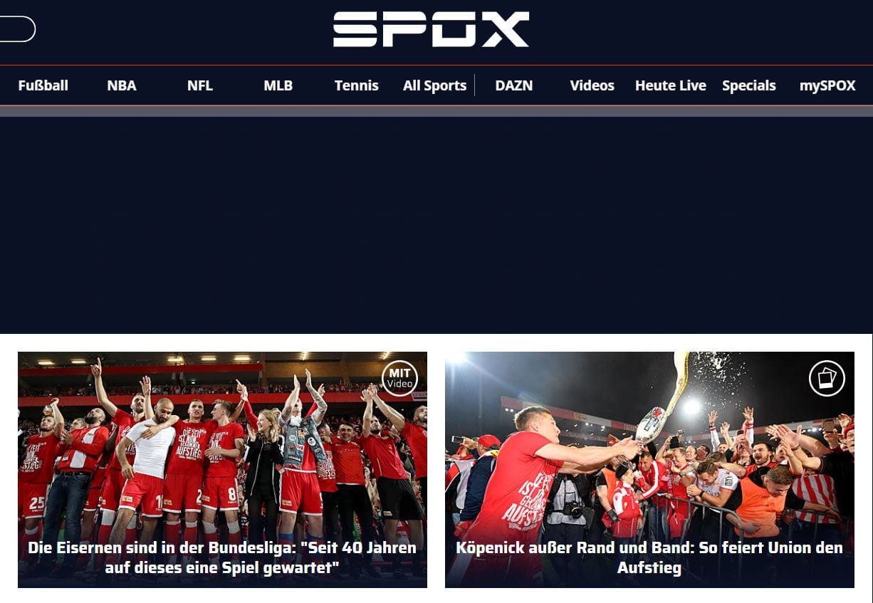 Ähnlich bildet das Sportportal Spox.com den Union-Aufstieg ab – und zeigt zudem Bilder der wilden Feier unter dem Motto "Köpenick außer Rand und Band".