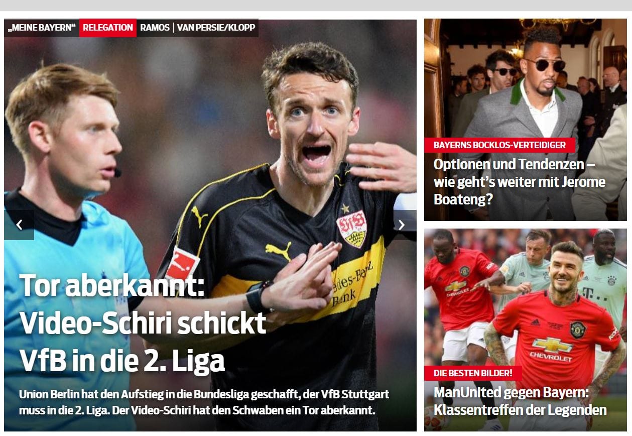 Die Sport Bild beschäftigt sich in erster Linie mit dem Schicksal des VfB Stuttgart und schreibt: "Video-Schiri schickt VfB in die 2. Liga"