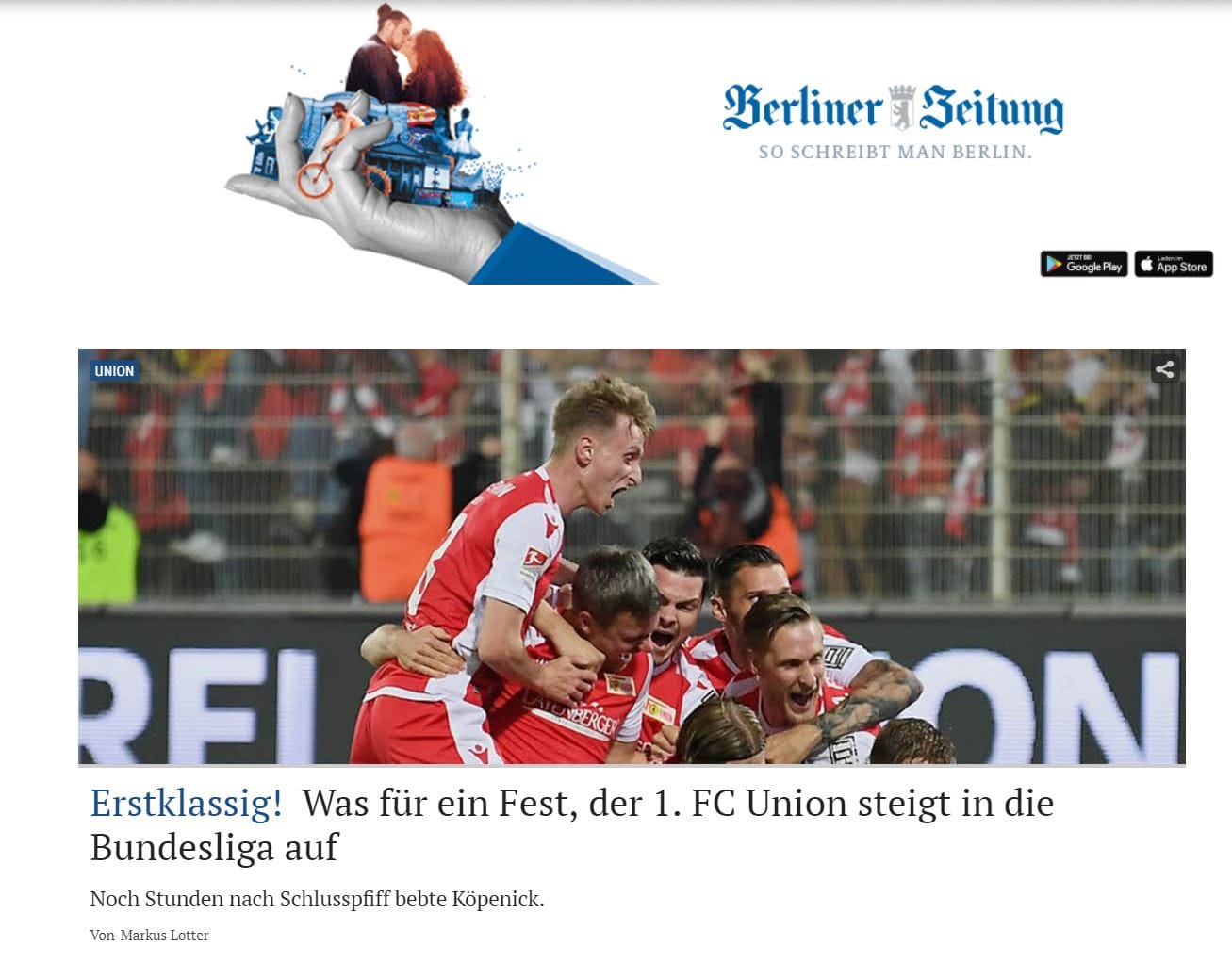 Etwas sachlicher geht es bei der Berliner Zeitung zu: "Union schreibt Vereinsgeschichte". Dazu Aufstiegstrainer Urs Fischer in Jubelpose.