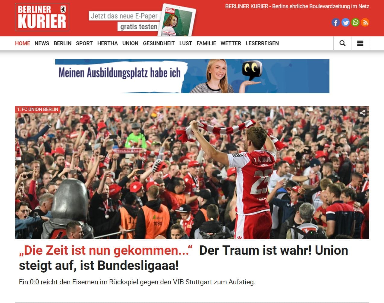 Die Berliner Medien können es offenbar wie viele Union-Fans kaum glauben. "Der Traum ist wahr! Union steigt auf, ist Bundesligaaa!", titelt der Berliner Kurier.