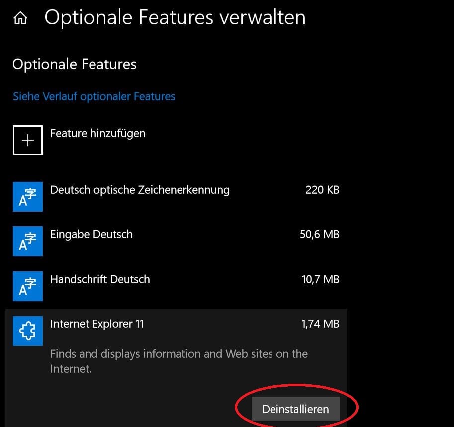 Wählen Sie "Internet Explorer 11" und klicken Sie auf "Deinstallieren".