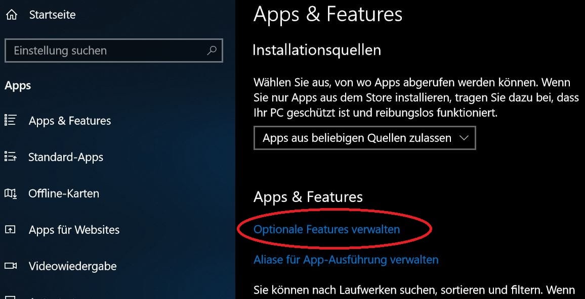 Wählen Sie "Optionale Features verwalten