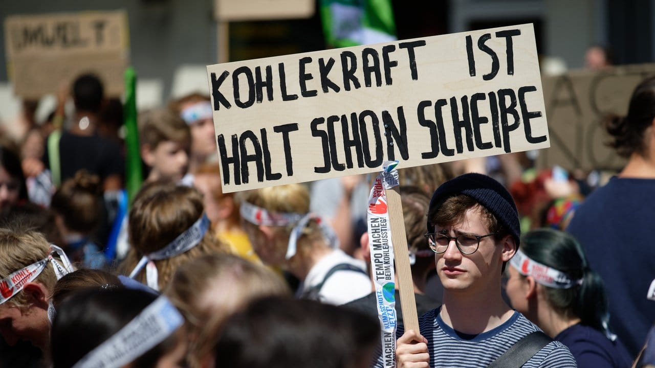 Ein junger Teilnehmer während der Klimademonstration "Fridays for Future" mit einem klaren Statement auf seinem Plakat.