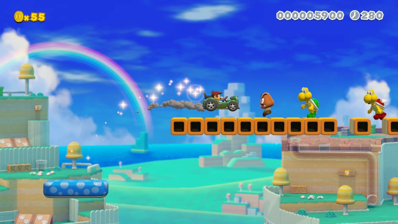 Mit Mario im Auto gegen Goombas und Koopas: Wer schon immer solch ein Level wollte, kann es mit "Super Mario Maker 2" erschaffen.