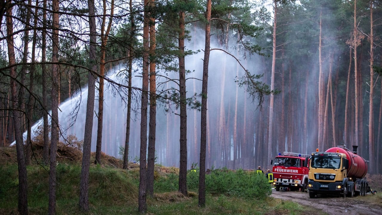 Die Feuerwehr löscht mitten im Wald vom Boden aus. Die Feuerwehr löscht mitten im Wald vom Boden aus.