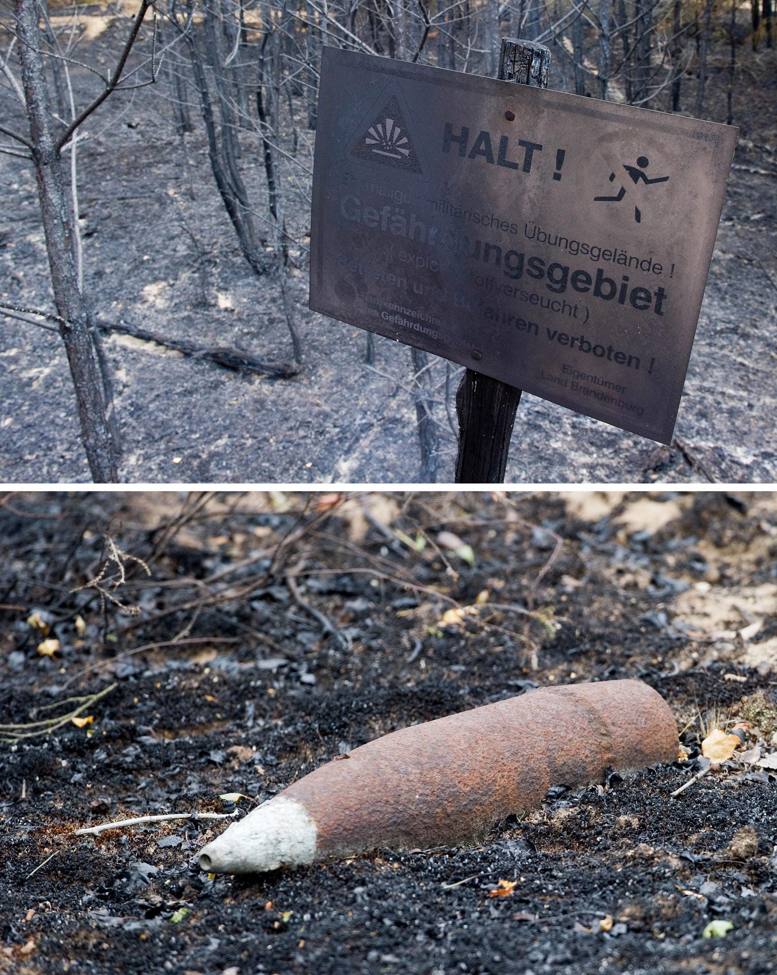 Ein verbranntes Warnschild und alte Munition: 430 Hektar brennen auf einem ehemaligen Truppenübungsplatz bei Lübtheen.
