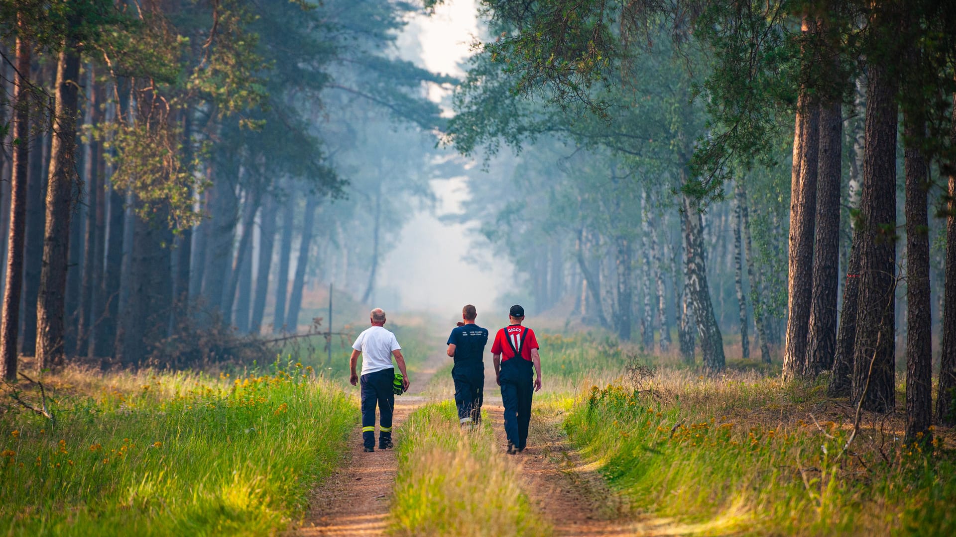 Feuerwehrleute gehen über einen verqualmten Waldweg bei Hohen Woos.