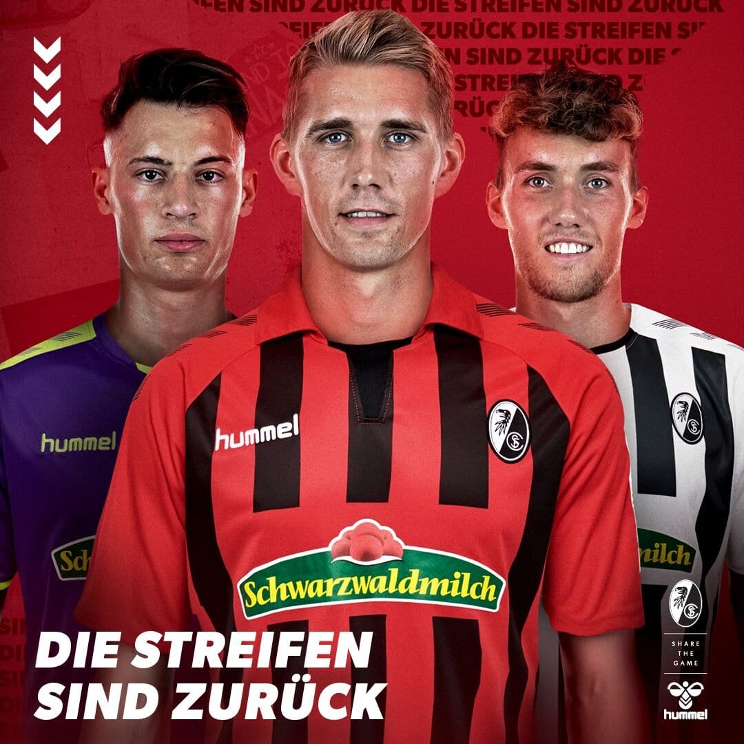 "Die Streifen sind zurück": Lief der SC Freiburg in der vergangenen Saison noch mit einfacher roter Brust über die Rasen der Republik, ist nun die gestreifte Variante wieder angesagt.