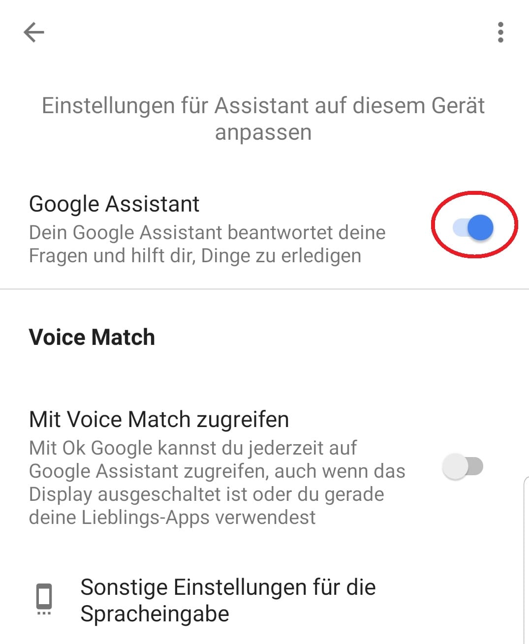 In diesem Menü können Sie den Google Assistant deaktivieren.