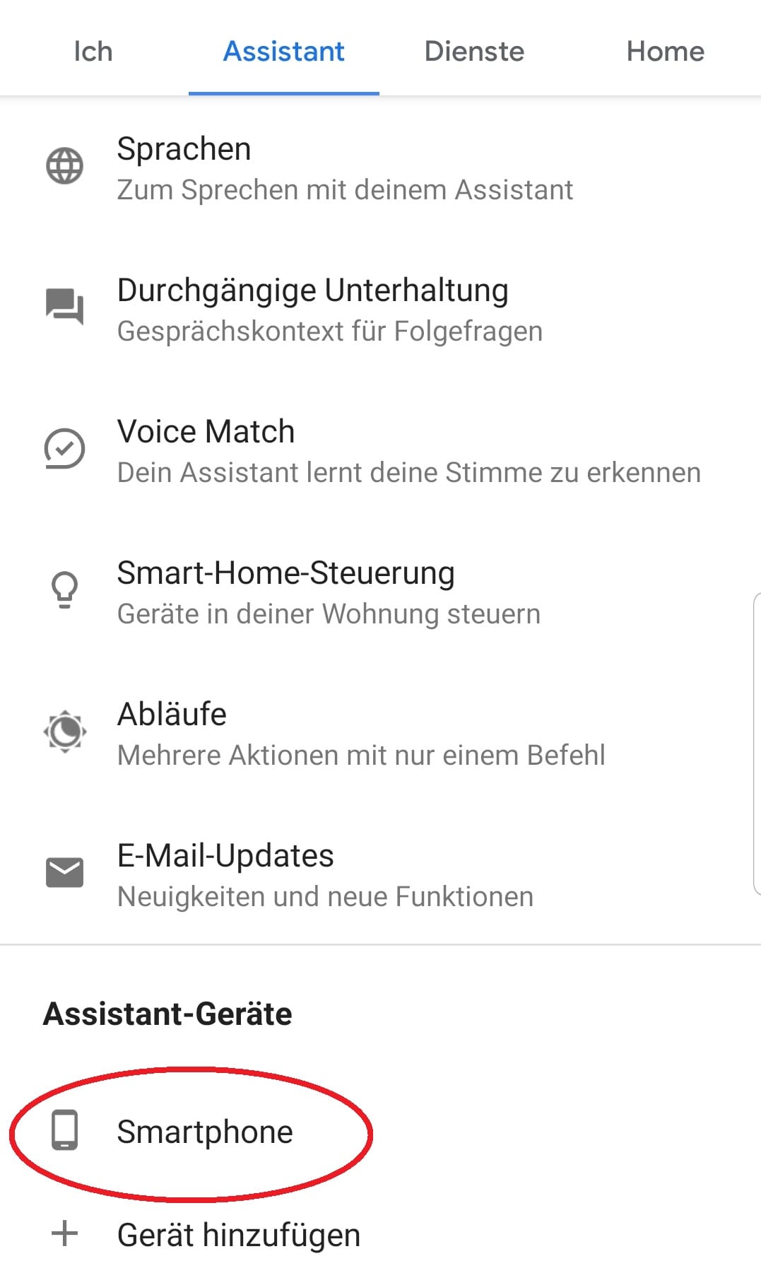 Scrollen Sie hier runter, bis Sie "Assistang-Geräte" finden. Klicken Sie hier auf "Smartphone"