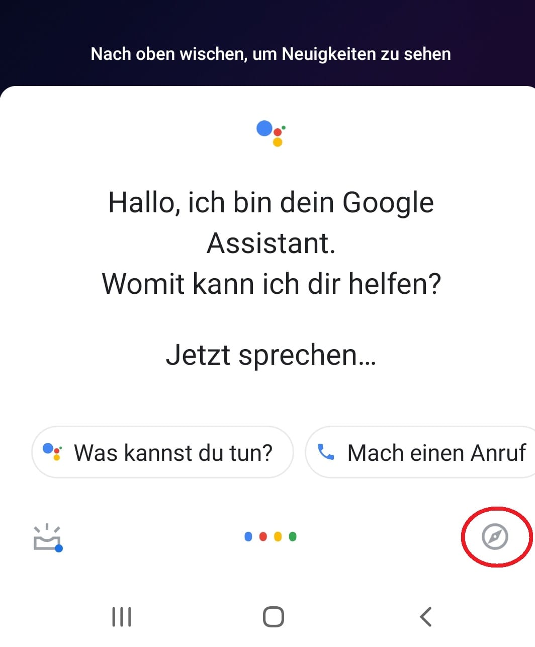 Wer den Google Assistant auf seinem Smartphone deaktivieren will, muss das Programm einmal starten. Halten Sie dafür für einige Sekunden den Home-Button gedrückt, bis der Assistant sich öffnet. Klicken Sie als nächsten auf das Kompass-Symbol.