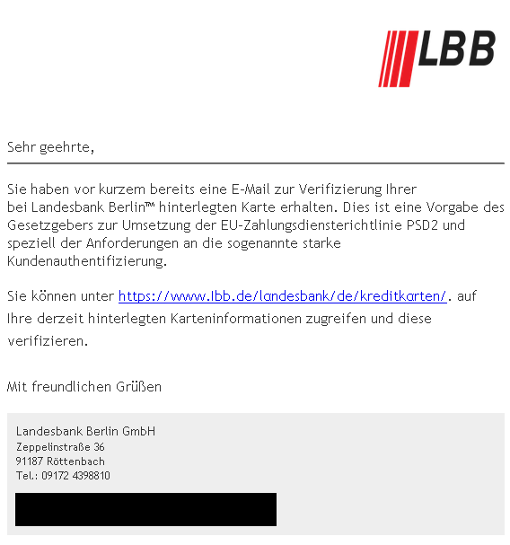 LBB-Kunden sollen ihre Karten verifiziern. Auch hier gilt: Links nicht anklicken.